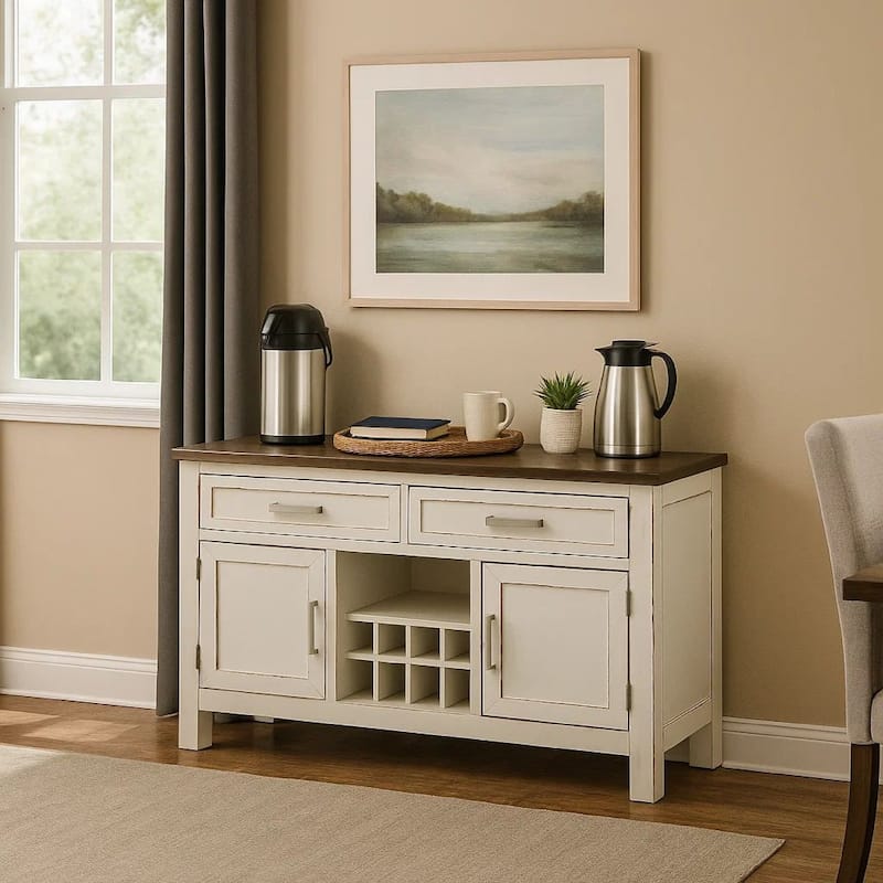 Ben 54 Inch Buffet Server, Brown Top, 2 Drawers, Wine Rack, Weathered White