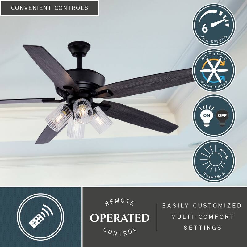 Fircrest 60 in. Matte Black Ceiling Fan with Reversible Gray Oak-Black Oak Blades, LED Light Kit and Remote, 6 Speeds, DC Motor