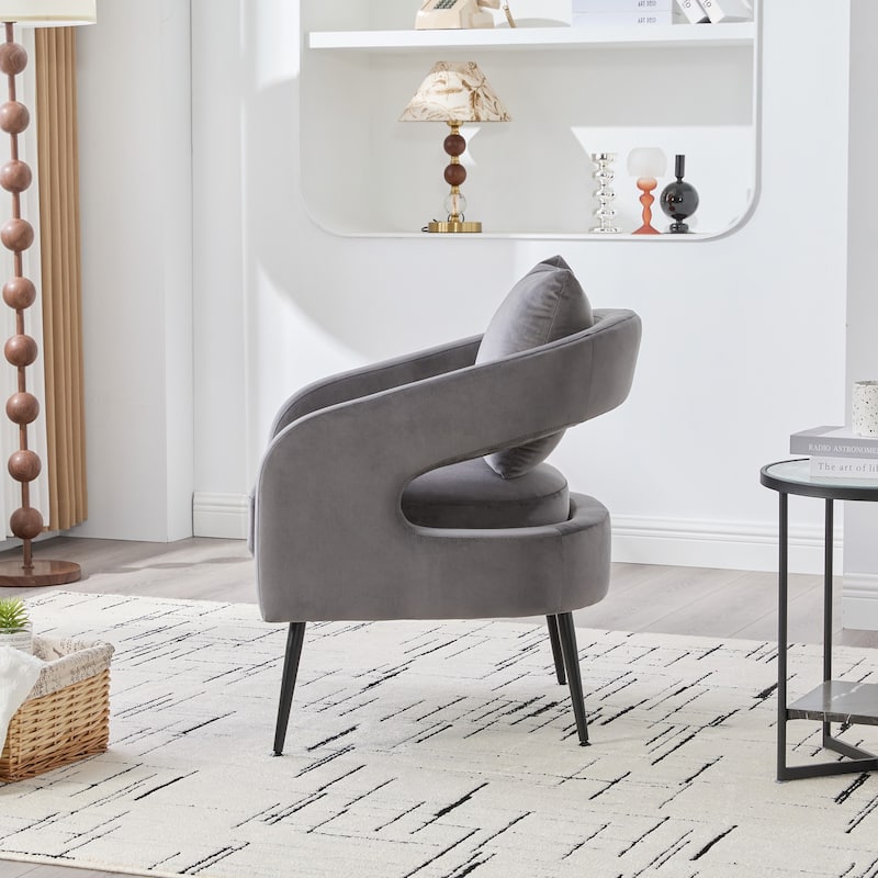 Modern Velvet Open Back Accent Chair Barrel Dining Chair Metal Legs Charcoal Living Room