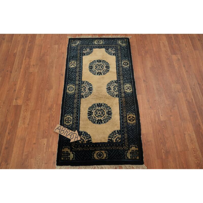 Hand Knotted Oriental 100% Wool Carpet Traditional Geometric Yellow & Gold Art Deco Area Rug - 4' 2'' X 2' 2''
