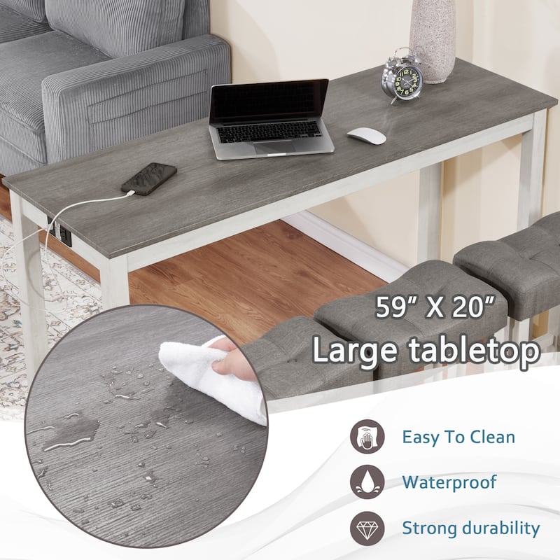 4 Piece Farmhouse Bar, Table Set with Power Outlet, Dining Table Set w/3 Upholstered Stools, Wood Console Table Set for Kitchen