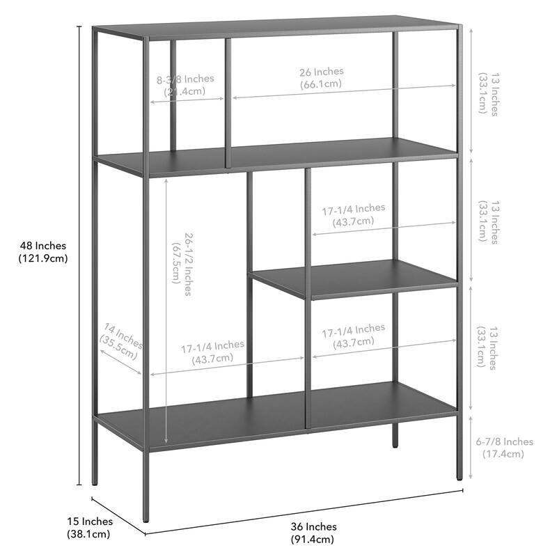 Modern 48" Grey Metal Double Bookcase 4-Tier Vertical Storage Shelf for Home Office and Living Room - 48”H x 36”W x 15”D