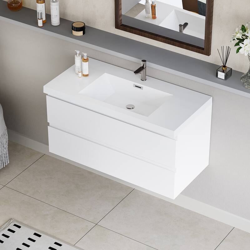 35.5-Inch Floating Bathroom Vanity with Glossy Resin Sink, Ash Grey Color, Wall-Mounted Design, 2 Drawers