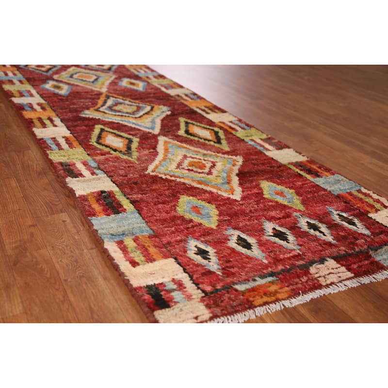 Geometric Red Moroccan Oriental Runner Rug Handmade Wool Carpet - 2'11" x 9'9" - 2'11" x 9'9" - Red