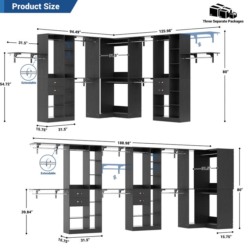 Rackcog 95'' - 188'' Closet System with Hanging Rods, Set of 3 Corner Closet Organizer with Drawers and Shelves