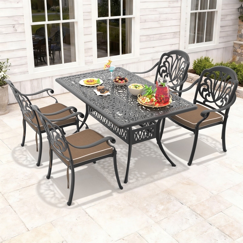 58.27in Reltangle Black Cast Aluminum Outdoor Dining Table with Unbrella Hole & 4 Outdoor Chairs with Cushions