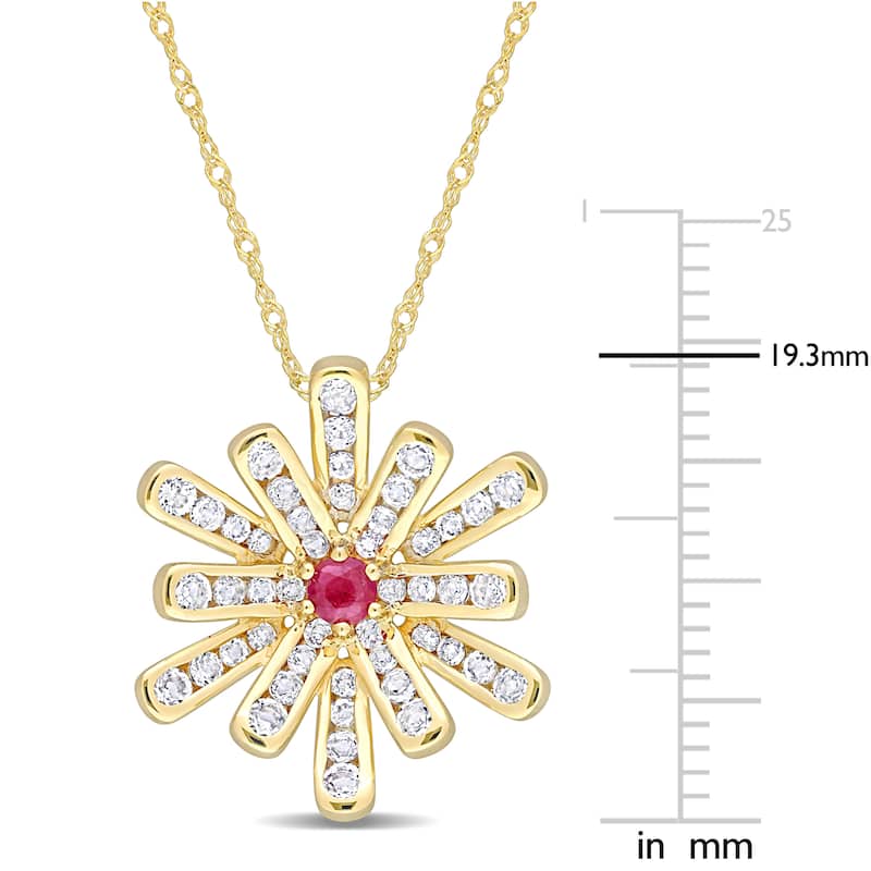 Miadora Ruby and White Topaz Floral Necklace in 10k Yellow Gold