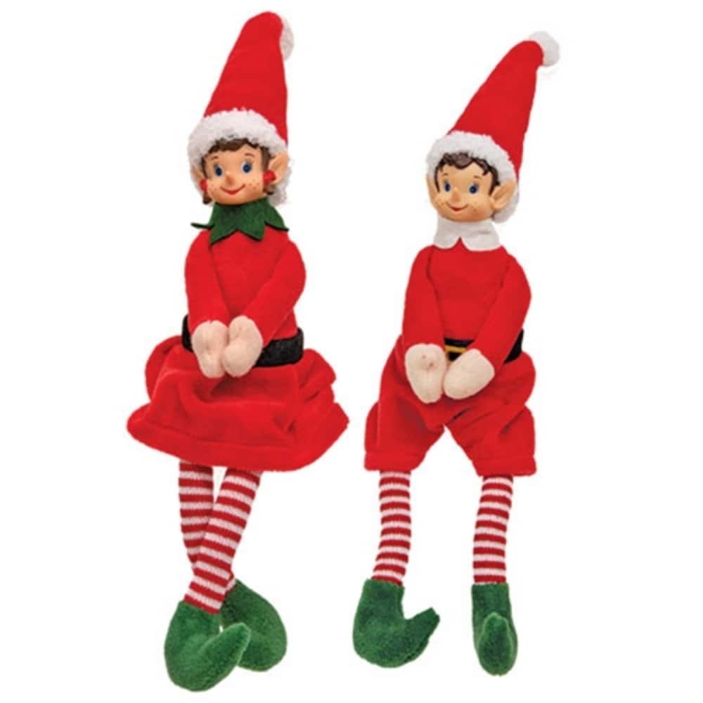 Christmas Elf Plush Figures with Weighted Bottoms and Long Legs Holiday Shelf Decor 2 Asstd. - 14" H x 2.5" W x 1.5" D