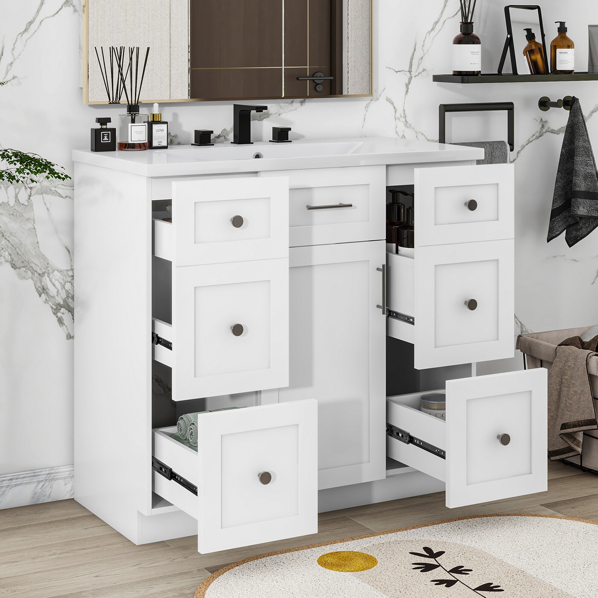 Tatayosi 36 Inch Modern Bathroom Vanity With Ceramic Sink And Soft Close Doors Three Drawers And Adjustable Shelf Storage Cabinet In White Finish