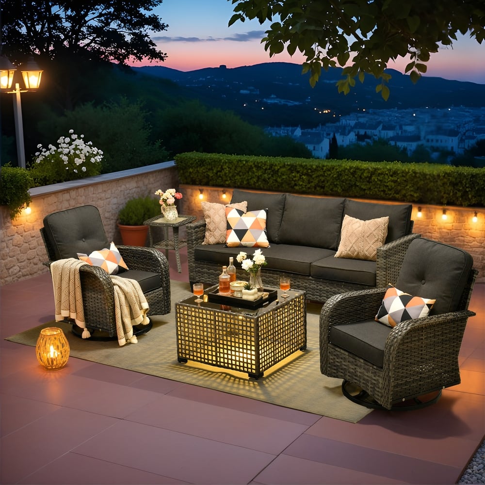 OVIOS 5 Piece Outdoor Patio Wicker Swivel Chair Conversation Set