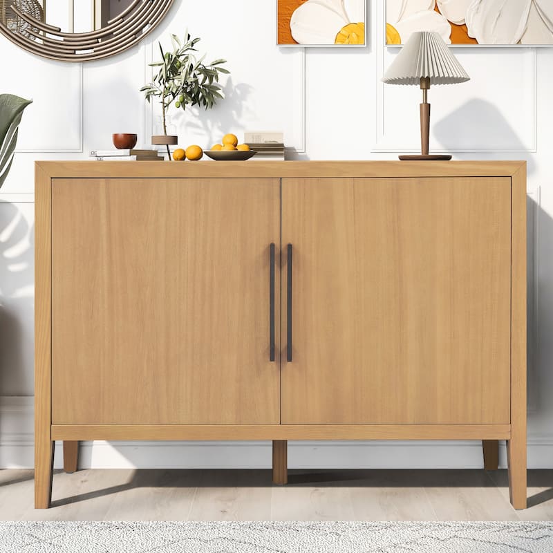 47.25"Sideboard with Pine Veneer and 2 Doors, Retro Buffet with Adjustable Feet, Wooden Storage Cabinet with Metal Handles - Natural
