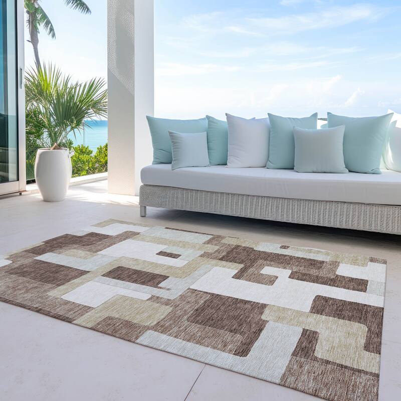 Machine Washable Indoor/ Outdoor Contempoary Blocks Chantille Rug - Brown - 9' x 12'