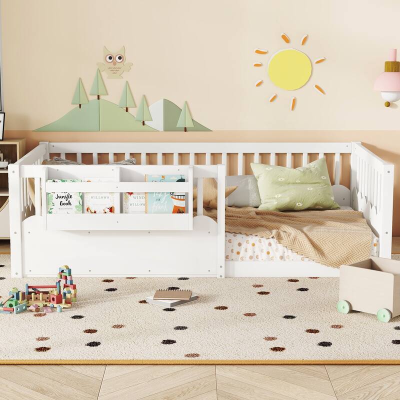 Montessori Floor Bed Kids Bed Frame with Heightened Fence and Bookshelf, Wavy Decoration Wood Platform Bed, No Slats Design
