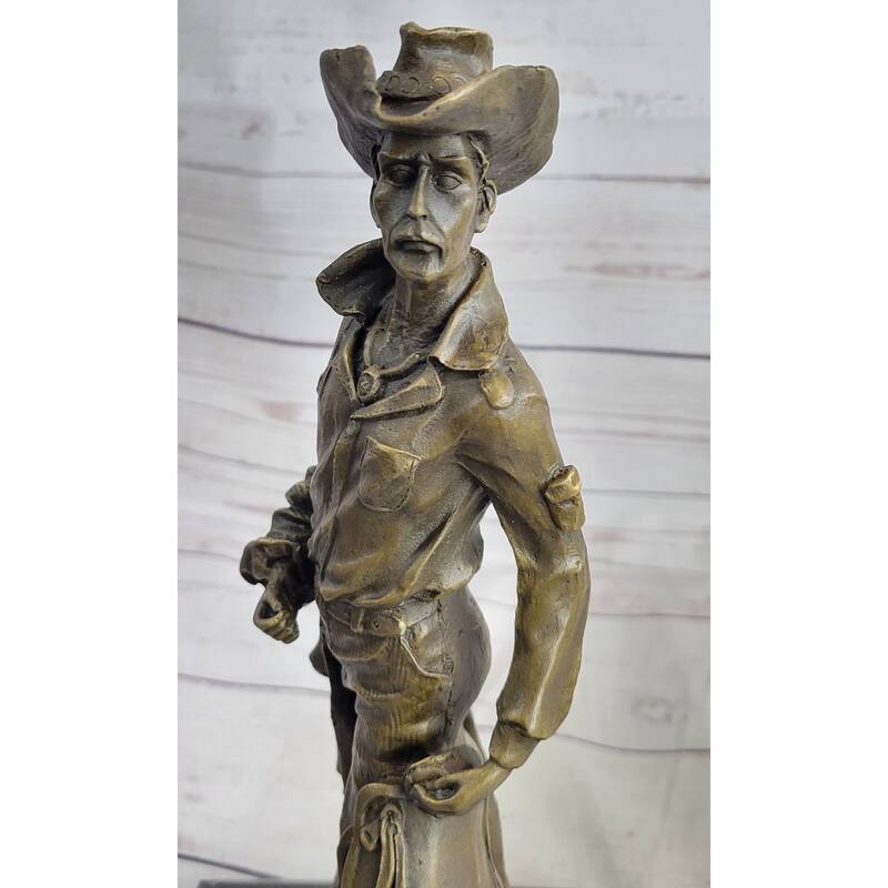 Cowboy Holding Imitative Horse Saddle Bronze Statue Sculpture Figure Western 13 Inches X 6 Inches