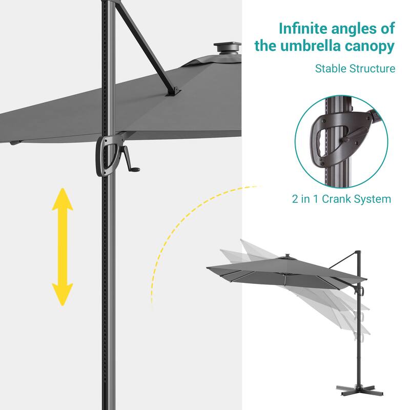 BONOSUKI Solar-powered 10x8ft Cantilever Patio Umbrella, Ultimate Outdoor Comfort with 360° Rotation and Canopy Angle Adjustment
