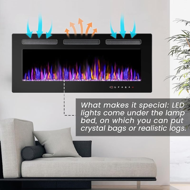 BOSSIN Electric Fireplace Wall Mounted and Recessed with Remote Control, 750/1500W Ultra-Thin Wall Fireplace Heater, Low Noise
