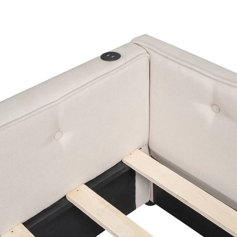 Beige Upholstered Daybed Platform Bed with 2 Storage Drawers Underbed, USB Charging, Linen Fabric, Wood Slat Daybed Frame