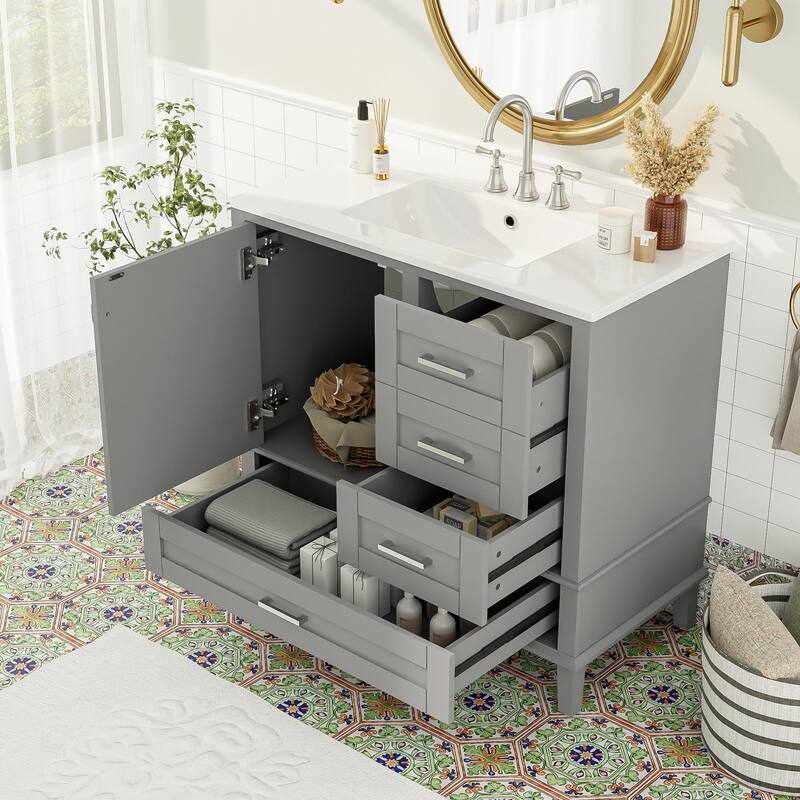 36" Bathroom Vanity with Solid Pine Frame, 1 Soft Close Door and 3 Drawers, Modern Storage Cabinet - Grey