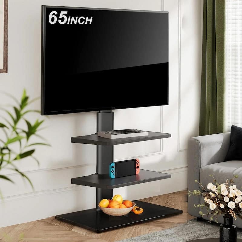 FITUEYES Tempered Glass Base Floor TV Stand for 32-65 inch TVs with Two Shelves - Black