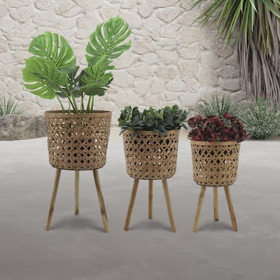 11/13/15" Bamboo Planters on Wood Stand,Set of 3