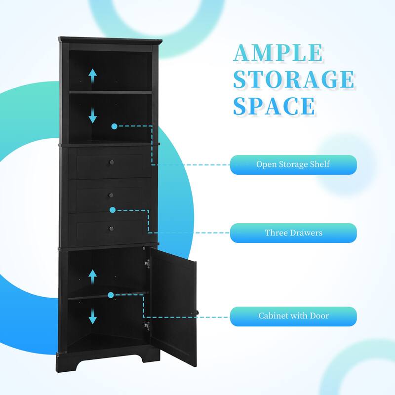 Space-Saving Triangular Bathroom Storage Cabinet with Drawers & Door, Painted MDF Corner Tower Organizer