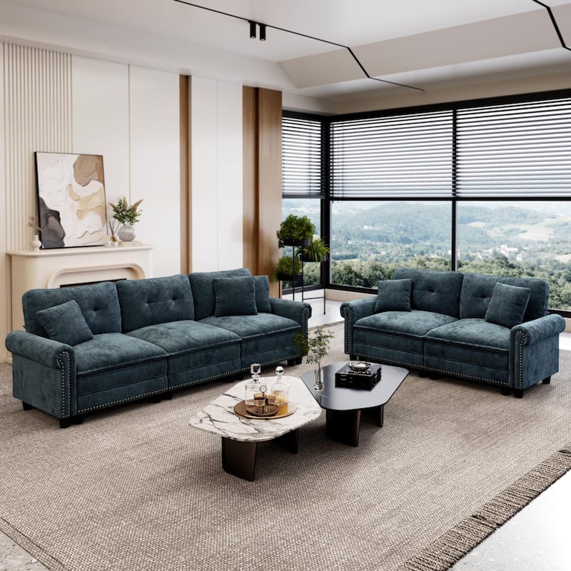 MAISON ARTS Mid-Century Modern Oversized Modular Sectional Couch Set with Ottoman, Cloud Sofa with Throw Pillows for Living Room - Blue 5-Seater