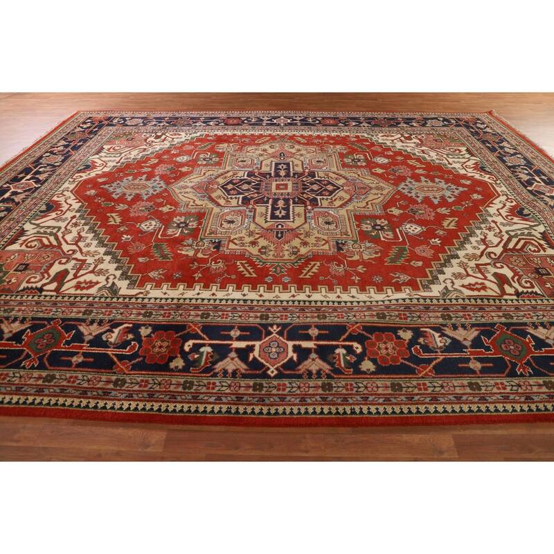 Orange Geometric Heriz Serapi Indian Large Rug Handmade Wool Carpet - 11'11" X 14'10"