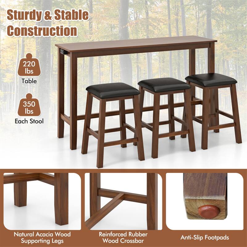 Gymax 4-Piece Bar Table Set w/ Power Outlet Counter-Height Table & 3