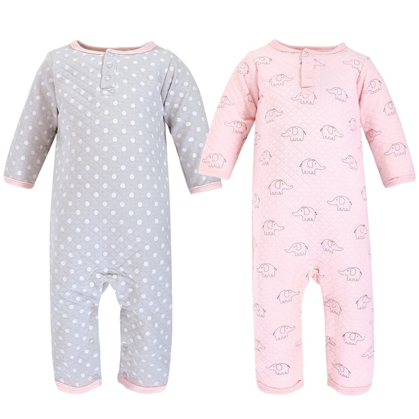 slide 1 of 1, Hudson Baby Infant Girl Premium Quilted Coveralls, Pink Gray Elephant 0 - 3 Months - Pink