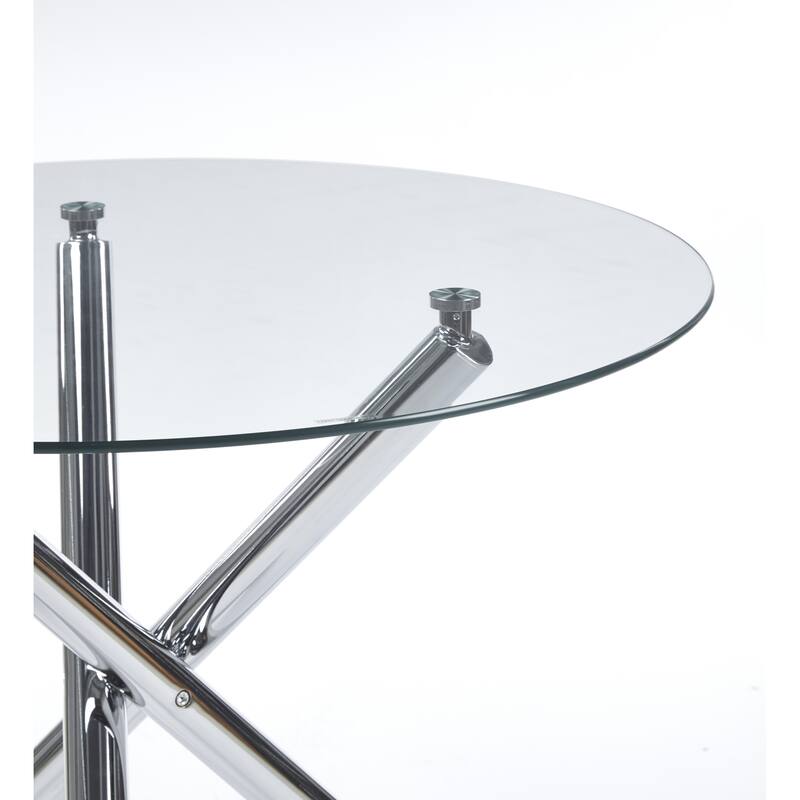 Round Dining Table with chrome metal leg and tempered glass,Modern Space Saving Kitchen Table - Chrome