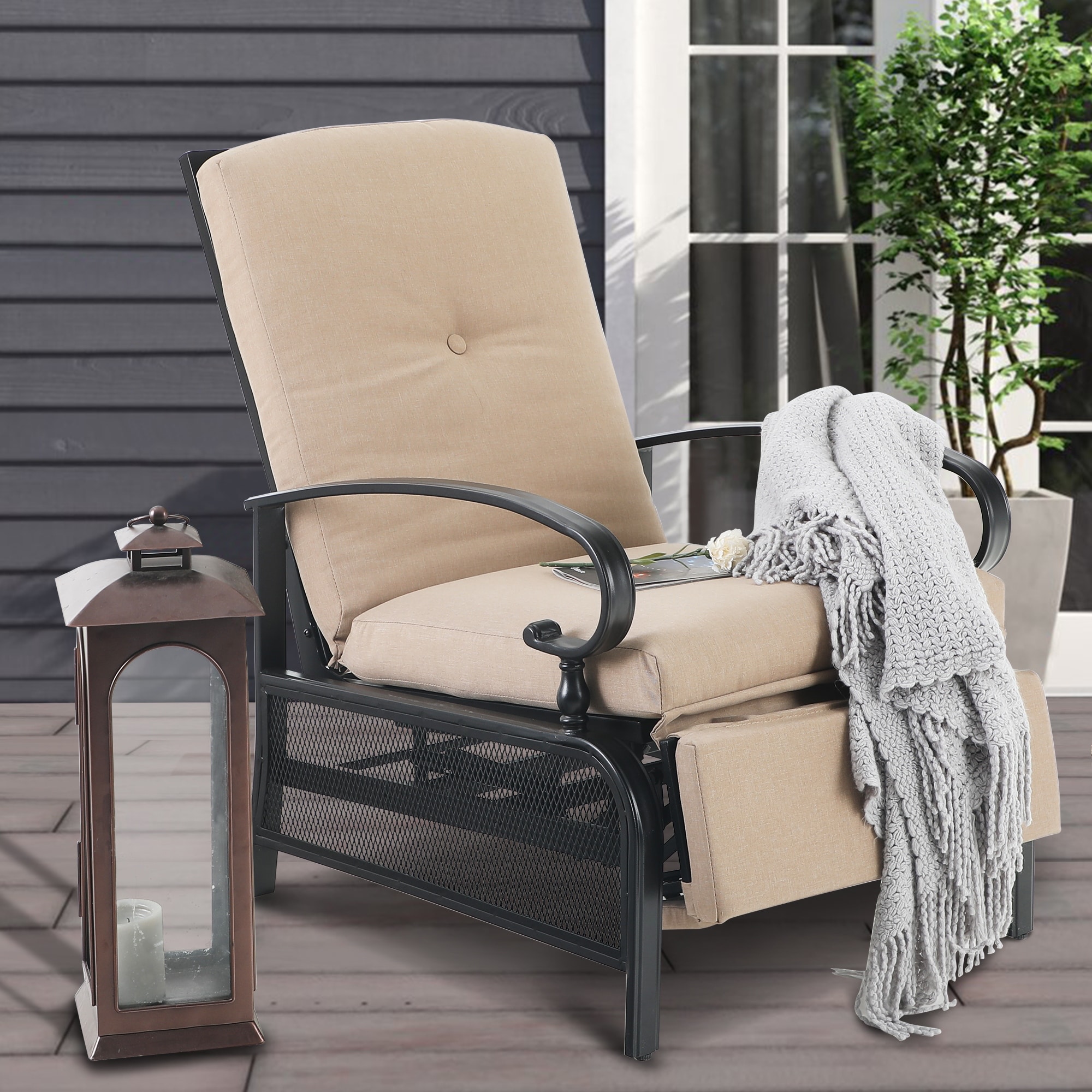 Outdoor Adjustable Cushioned Metal Patio Recliner Lounge Chair - Beige