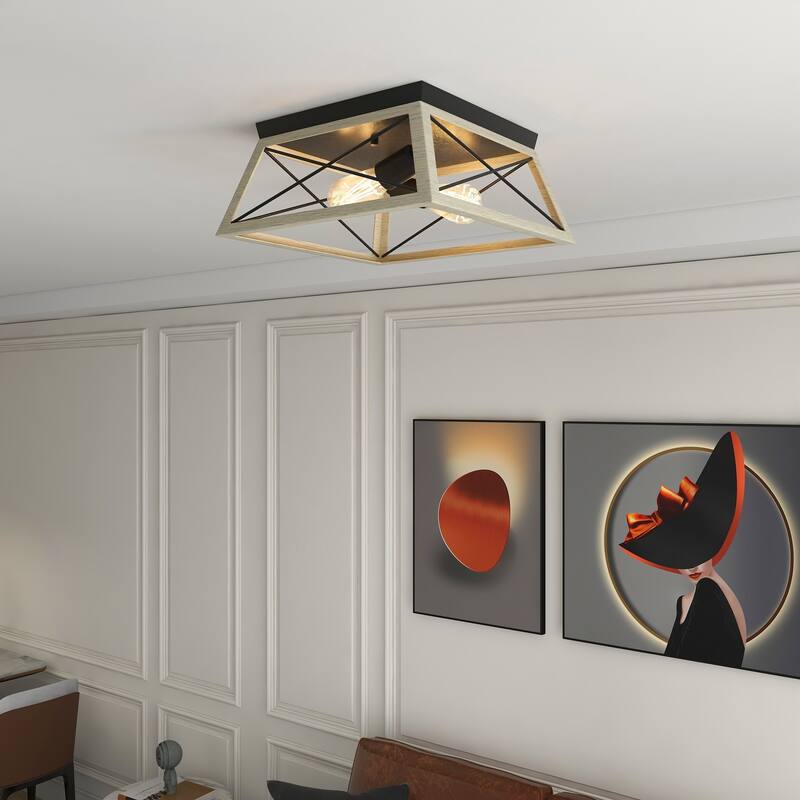 2-Light Black Metal and Wood Flush Mount