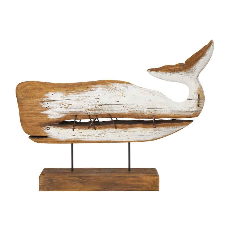 Brown Wood Handmade Whale Decorative Sculpture with Painted White Accents and Metal Details