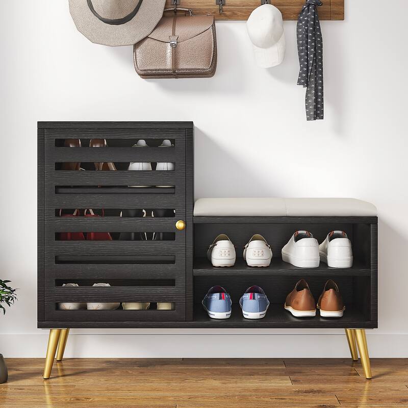 VECELO L-Shaped Entryway Bench with Cushion Shoe Storage Bench with Louvered Door & Open Shelves Hallway Seat Organizer - Black