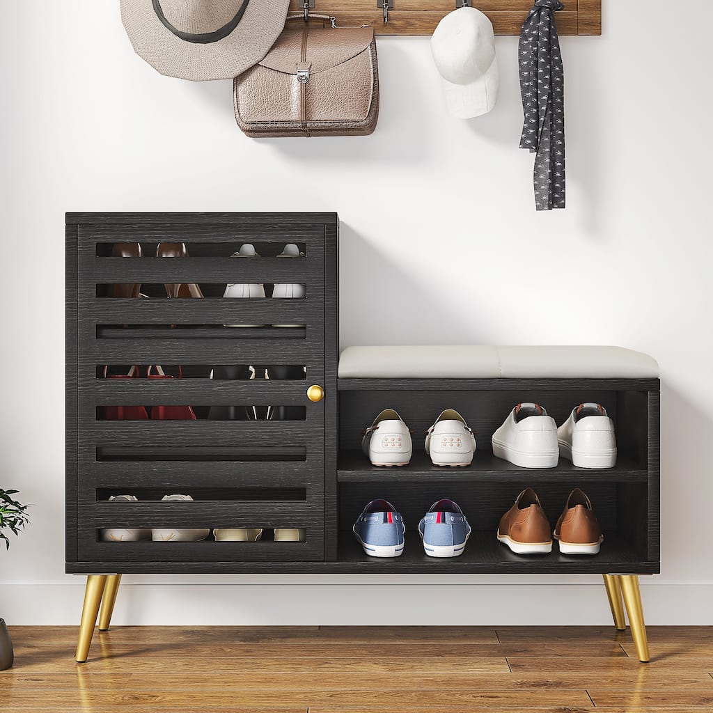 VECELO L-Shaped Entryway Bench with Cushion Shoe Storage Bench with Louvered Door & Open Shelves Hallway Seat Organizer