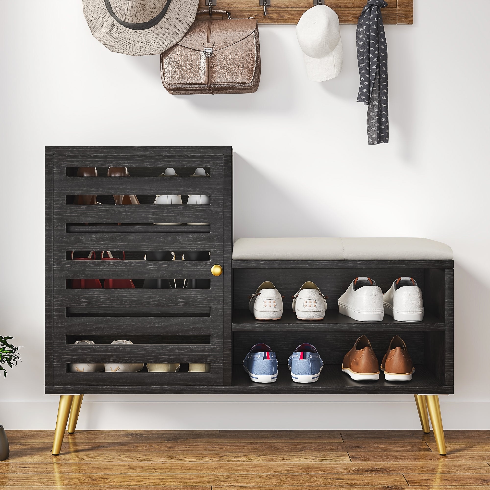 VECELO L-Shaped Entryway Bench with Cushion Shoe Storage Bench with Louvered Door & Open Shelves Hallway Seat Organizer