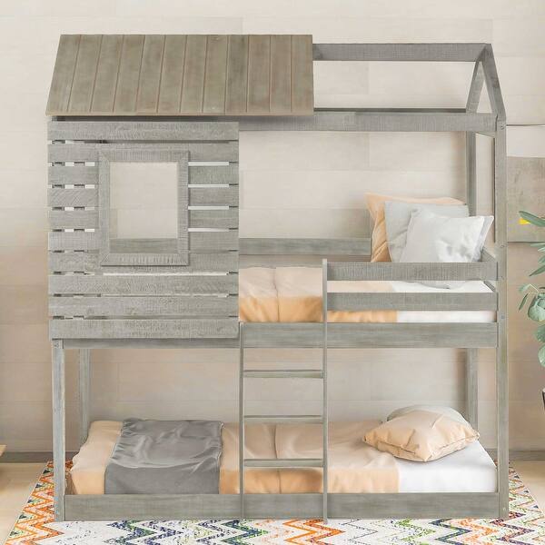 slide 2 of 9, Antique Gray Reliable Safety Design Twin Over Twin Loft Bed Antique Gray