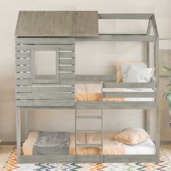 slide 2 of 9, Antique Gray Safety Design Twin Over Twin Loft Bed with Roof & Guardrail Antique Gray