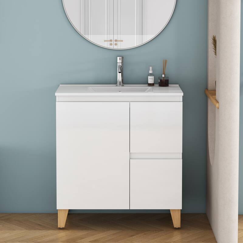 30" Wall-Mounted Bathroom Vanity With Ceramic Art Sink & 2-Soft-Close Door, KD-Packing, Plywood