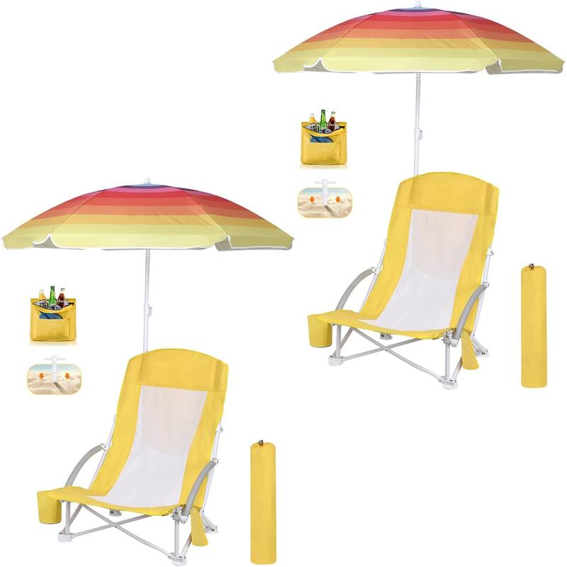 Beach Chair, Beach Chair with Umbrella, Beach Chair for Adults Camping Chair High Back with Umbrella and Cooler, Lightweight - 2 Yellow