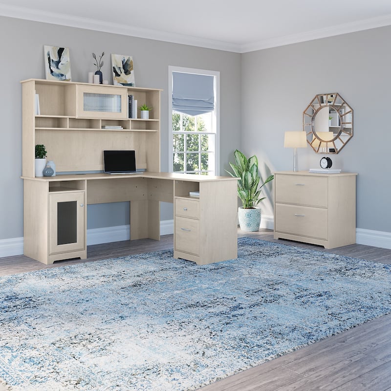 Cabot 60W L-Shaped Desk with Hutch and File Cabinet by Bush Furniture - Linen White Oak