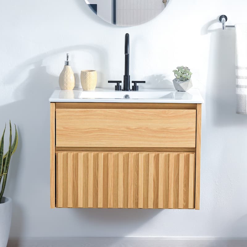 Sherwin Slat Modern Coastal 2-Drawer Wall Mounted Bath Vanity Cabinet Only (Sink Basin Not Included), By JONATHAN Y - Oak - 30"W x 18"D x 20"H