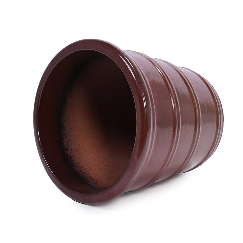 Handmade Glazed Ceramic Planter Set of 3, 16/13/10 Inch Diameter, Horizontal Rib Design