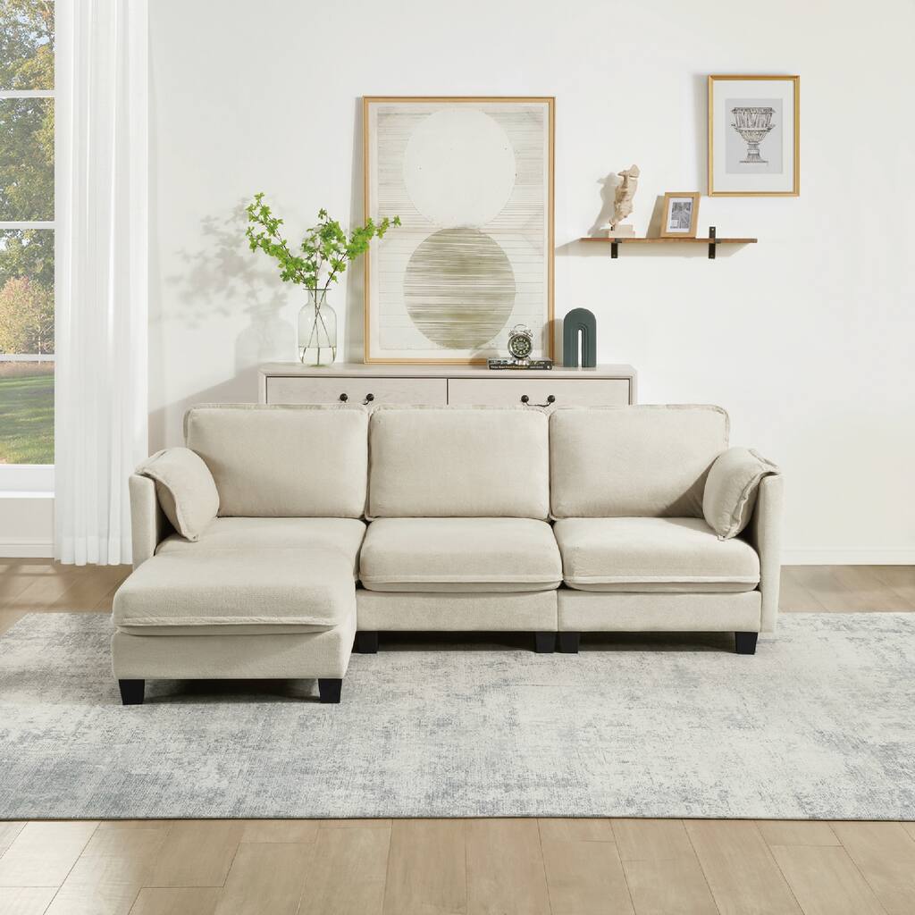 93" L-Shaped Sofa With Cotton-Linen Brushed Fabric, Detachable Storage Armrest Cushion, 3-Seater For Living Room