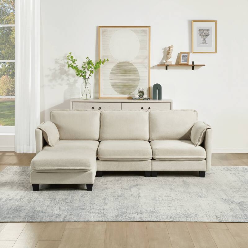 93-Inch L-Shaped Sofa with Cotton-Linen Fabric, 3-Seater Sectional with Detachable Storage Armrest Cushion - Beige