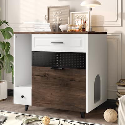 Cat Litter Box Enclosure, Indoor Hidden Cat Litter Box Furniture with 2 Drawers and Door, Cat House End Table for Living room