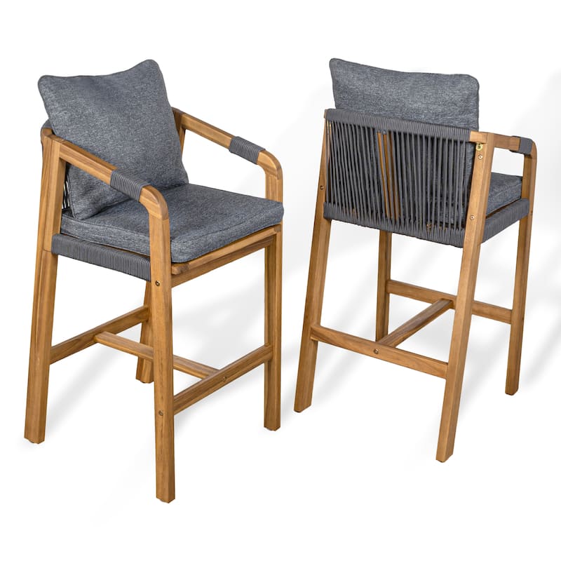 Outdoor Bar Stool with Cushions & Armrests, (Set of 2) by JONATHAN Y - Gray / Teak Brown