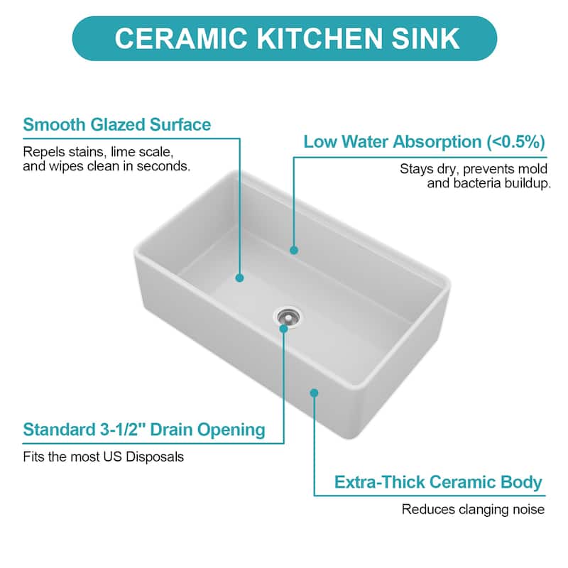 30" White Farmhouse Kitchen Sink Workstation - White Porcelain Ceramic Sngle Bowl Kitchen Sink