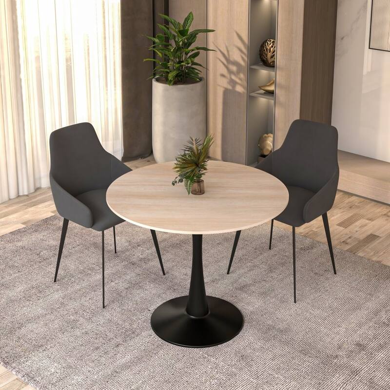 Bristol 35 Inch Mid Century Modern Round Dining Table, Wood Top & Glossy Iron Pedestal Base for Kitchen & Dining Room
