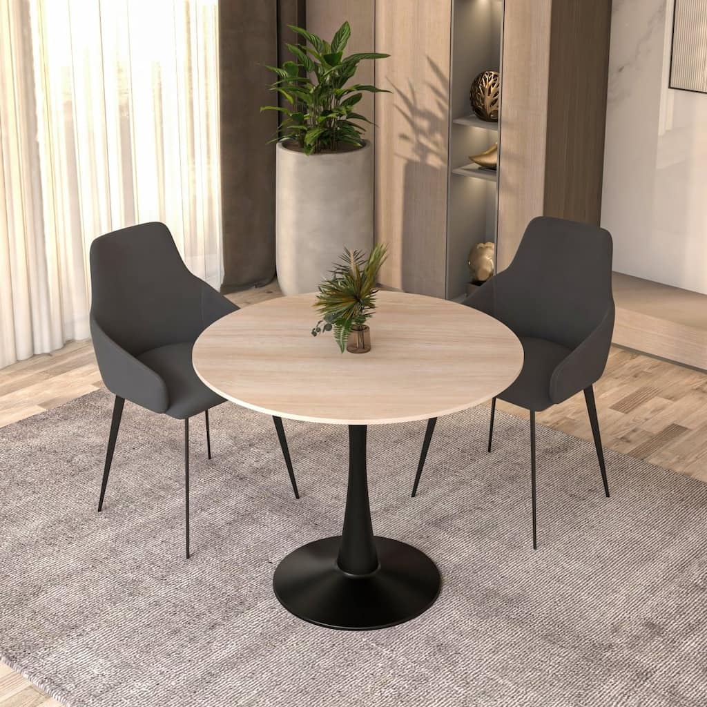 Bristol 35 Inch Mid Century Modern Round Dining Table, Wood Top & Glossy Iron Pedestal Base for Kitchen & Dining Room
